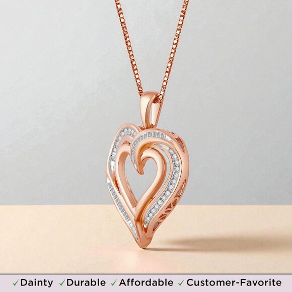 Heart Pendant Necklace 18" Rose Gold Sterling Silver Diamonds Gift - Picture 5 of 9